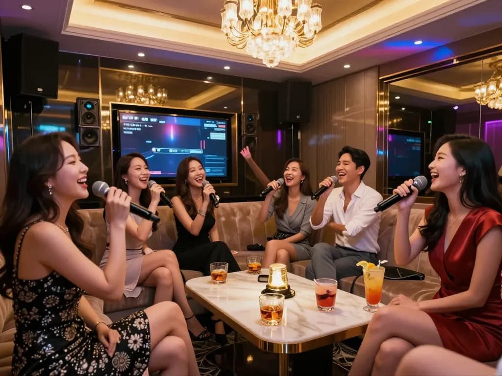 Enjoying a lively night at 강남 가라오케 with friends, singing and celebrating in a luxurious karaoke room.