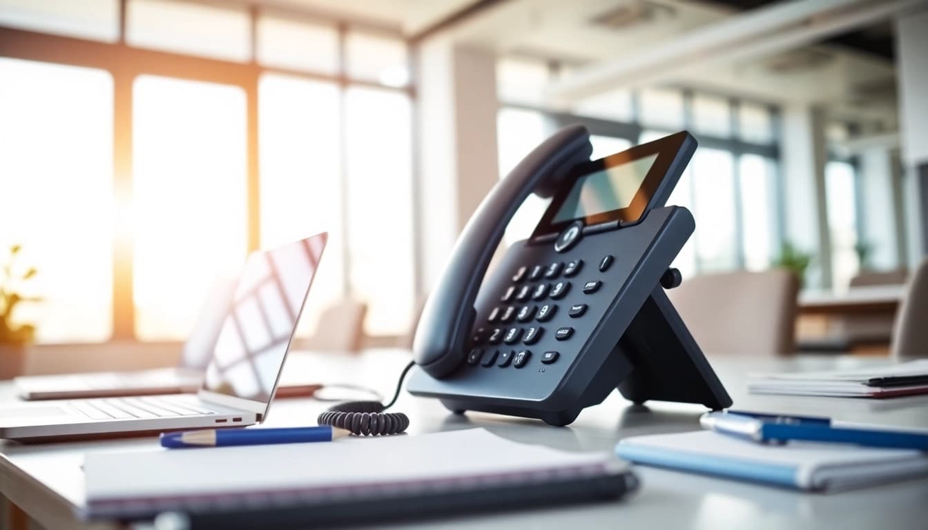Improve communication with a voip business phone on a modern desk in a professional office.