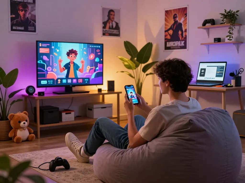 Interactive scene showcasing ai nsfw chat user engaging with vibrant AI companion on smartphone in cozy digital space.