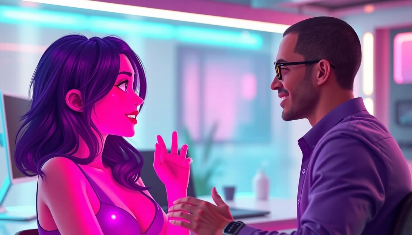 Interactive NSFW character engaging in a vibrant AI chat experience with a user.