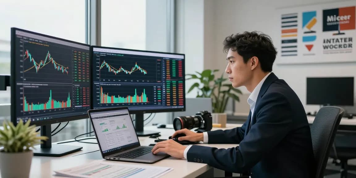 Professional analyzing stock market indices live on multiple screens in a modern office.