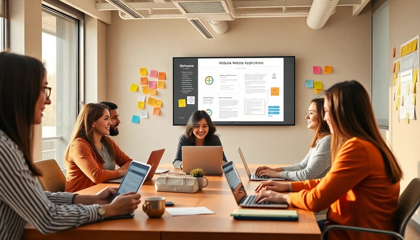 Professional collaboration at a công ty thiết kế website, showcasing a modern office environment with a diverse team.