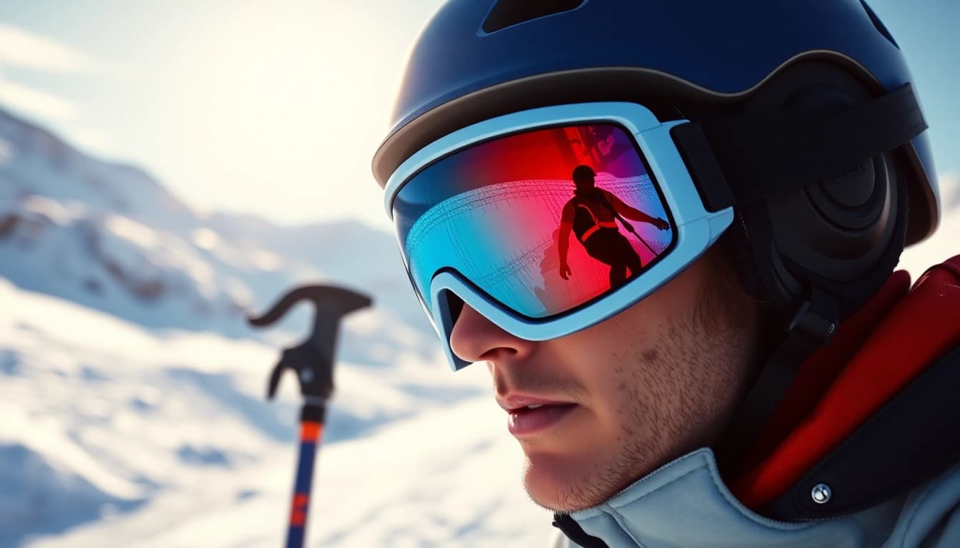 Skier showcasing high-tech goggles against a snowy backdrop for winter sports.