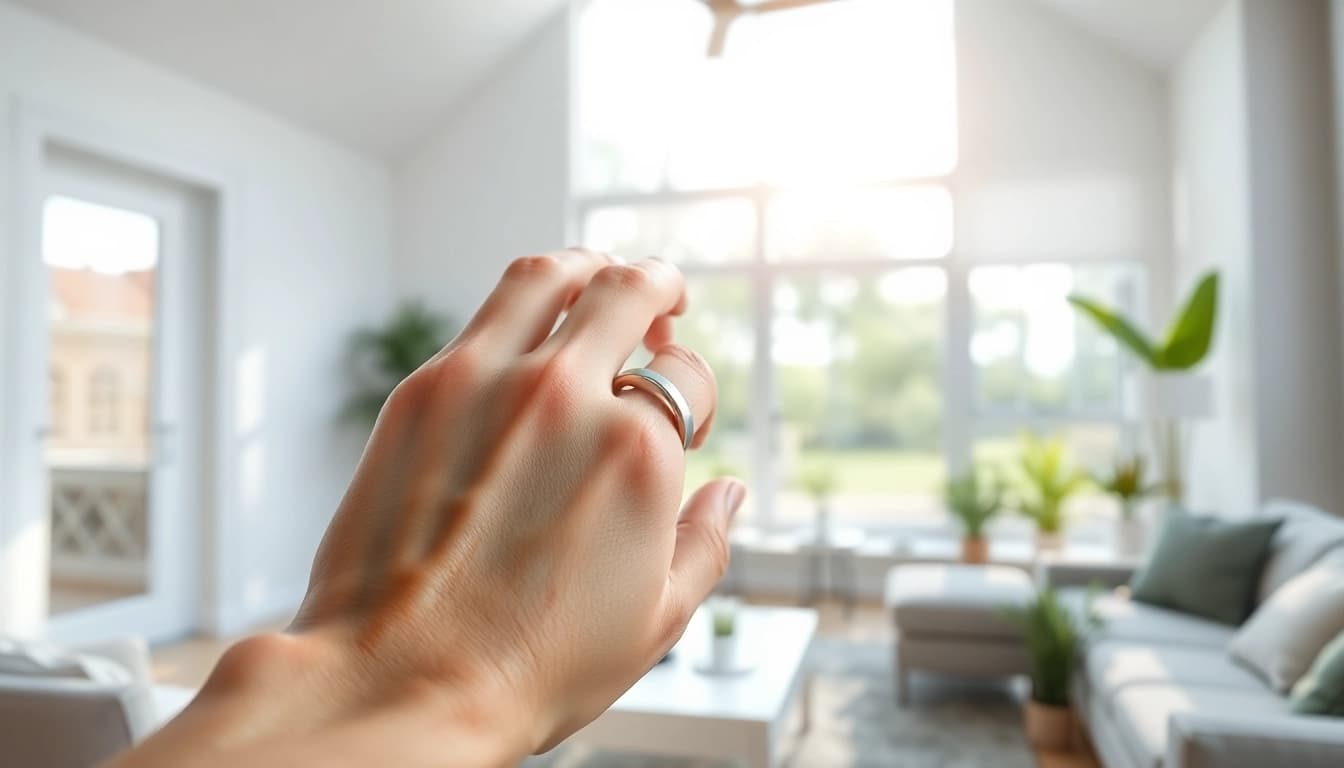 Smart Health Ring enhancing wellness displayed elegantly on a hand amidst a bright home.