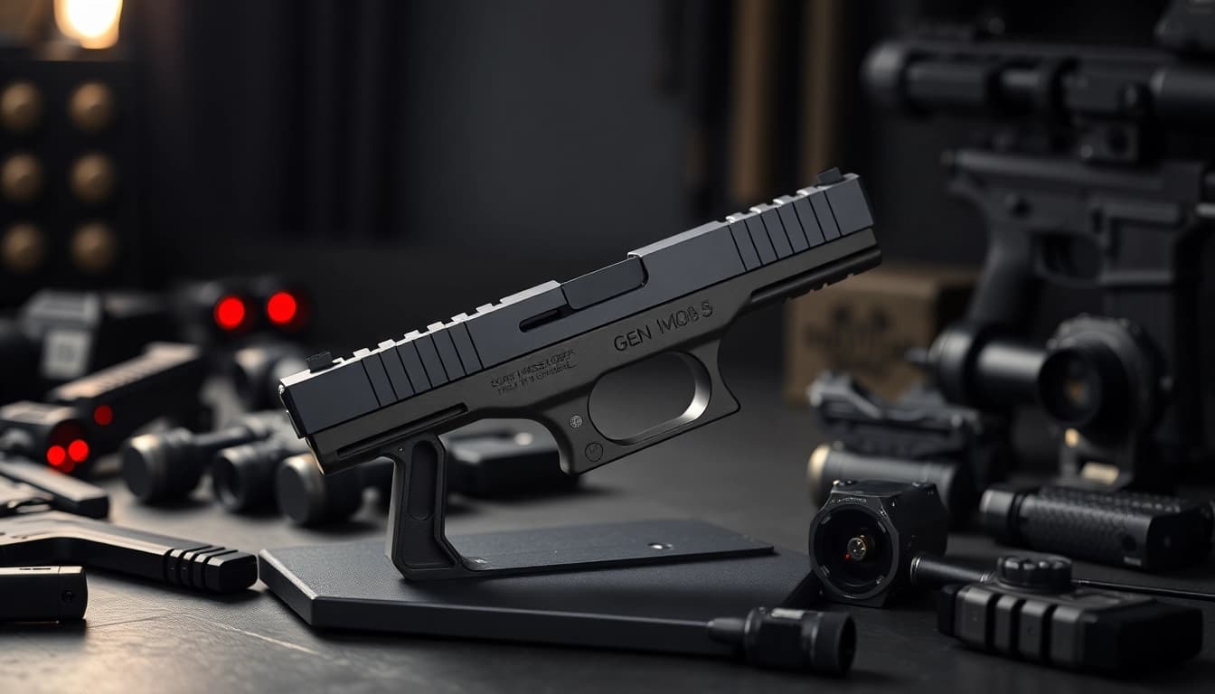 Showcase the Glock 19 Gen 5 MOS OEM Slide with tactical accessories in a dramatic lighting.