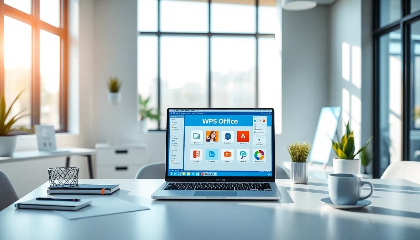WPS下载 showcased in a modern office workspace with a laptop and a productive atmosphere.