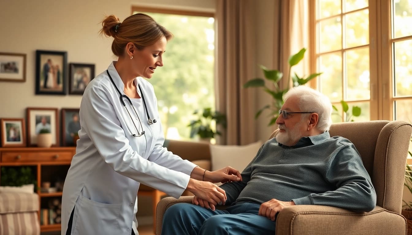 Senior care Austin TX: compassionate caregiver assisting an elderly gentleman in a cozy home setting.