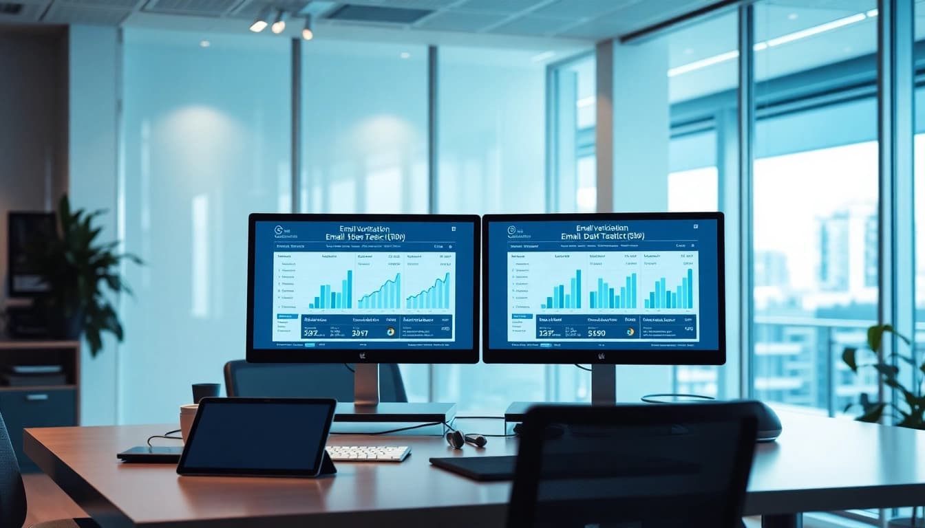 Email verification statistics displayed on dual monitors in a modern office, highlighting data accuracy and reliability.