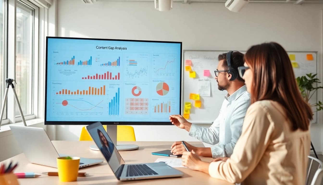 Visualize Content Gap Analysis through professionals discussing data trends and strategies.