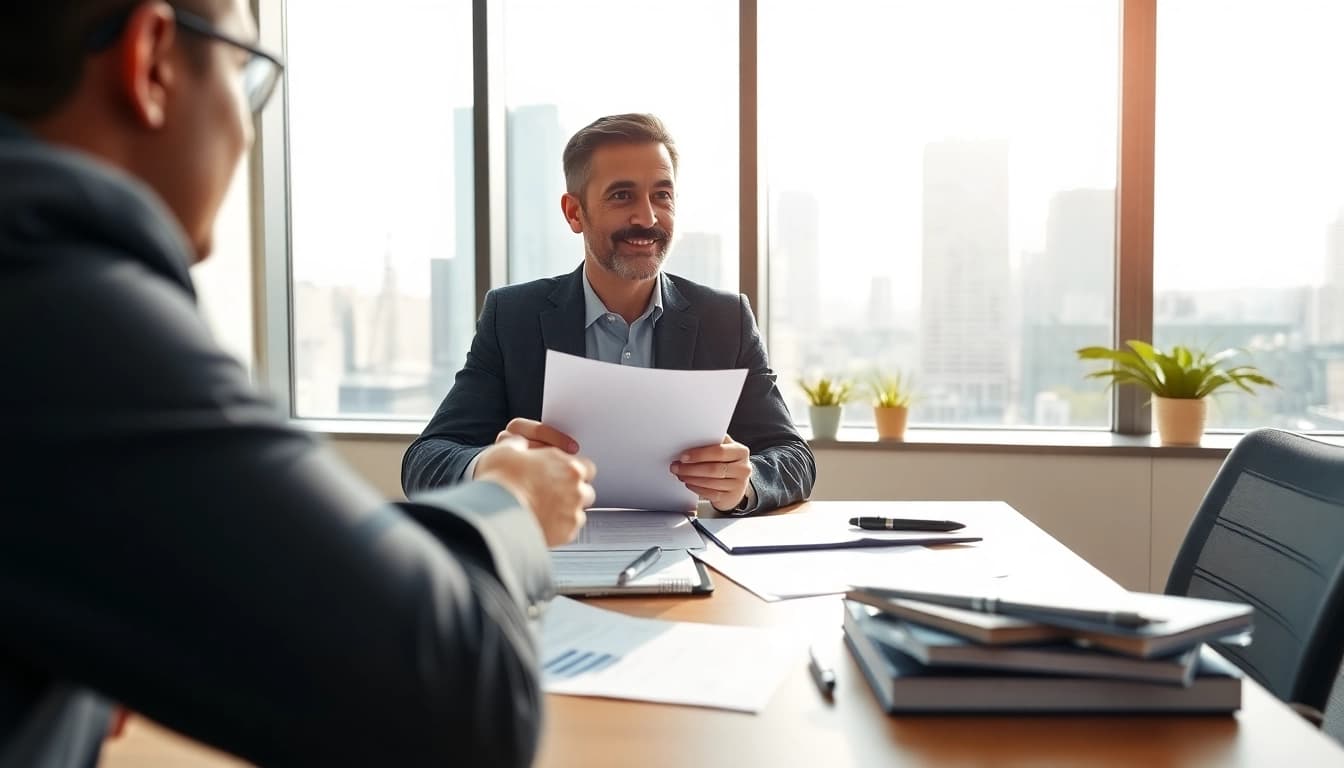 Engaging intellectual property lawyer advising a client in a modern office environment.