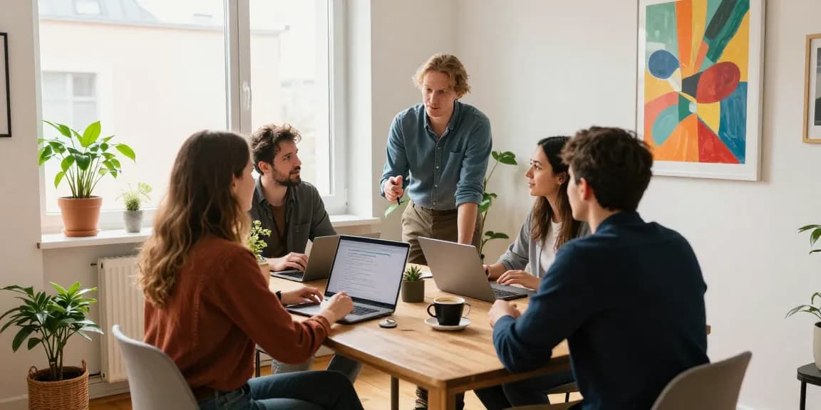 Moderne Monteurwohnung in Hannover mit einem Gruppenmeeting am Tisch, ideal für geschäftliche Aufenthalte.