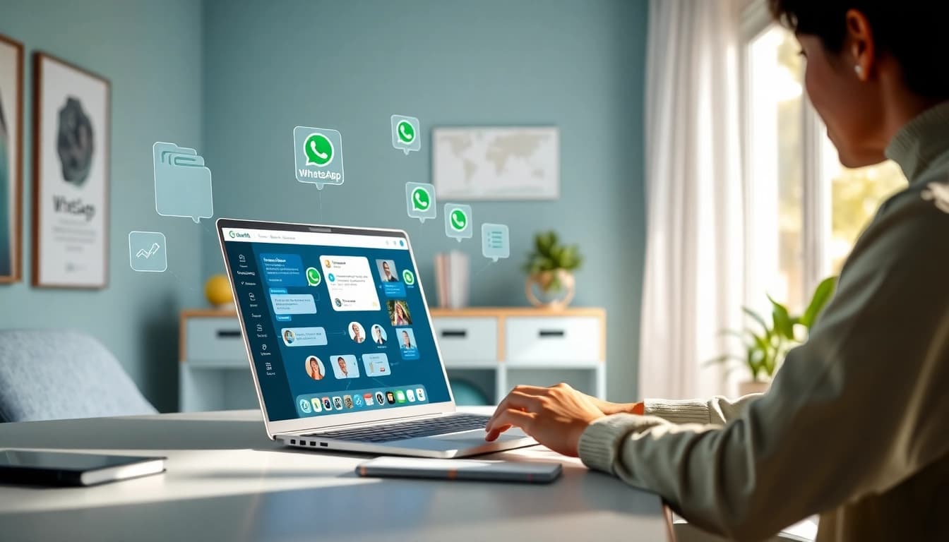在现代笔记本电脑上使用 WhatsApp Web 的沉浸式用户体验，展示消息和视频通话功能。