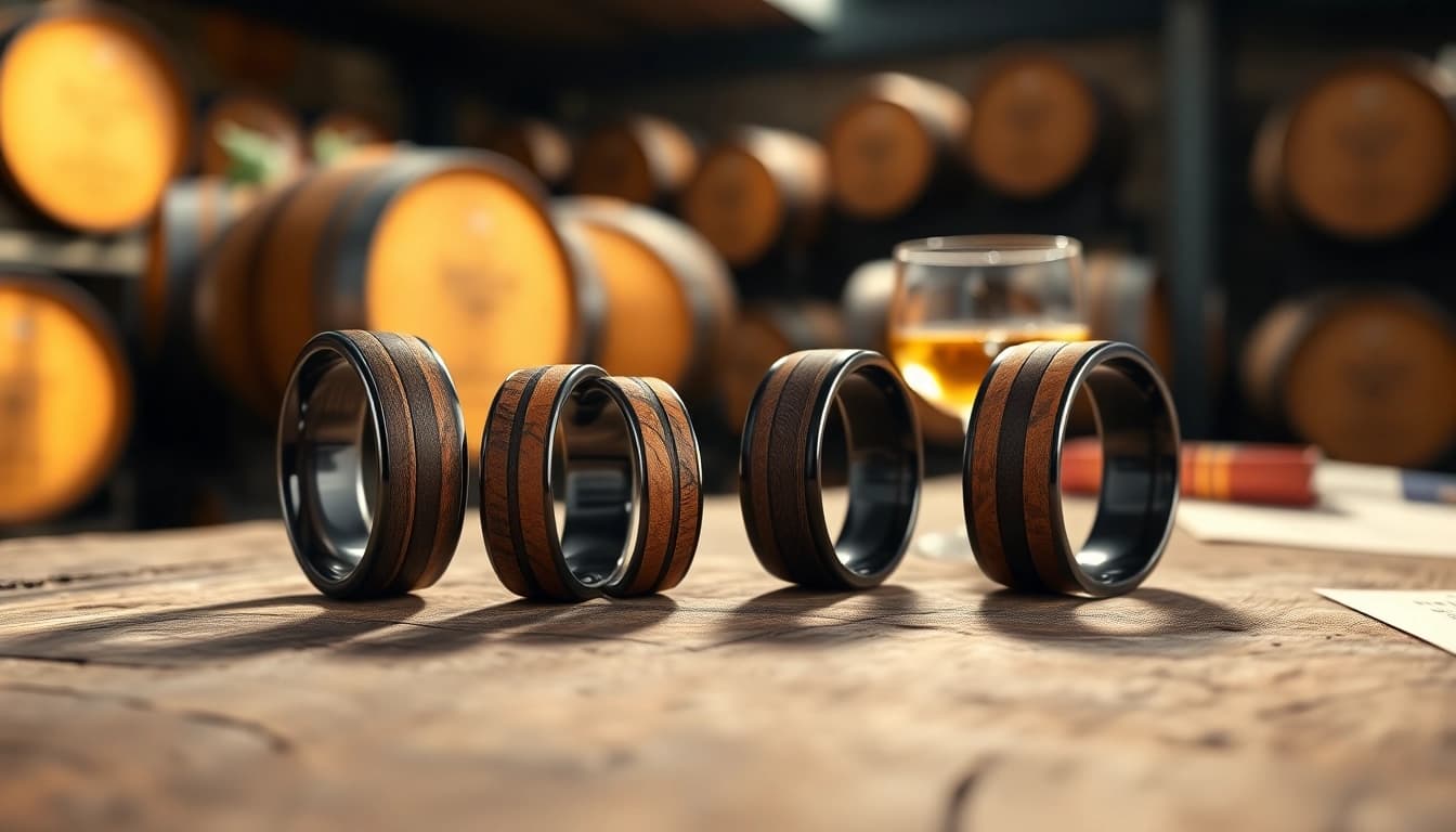 Admire Whiskey Barrel Wedding Bands highlighted against rustic wood for a sophisticated presentation.