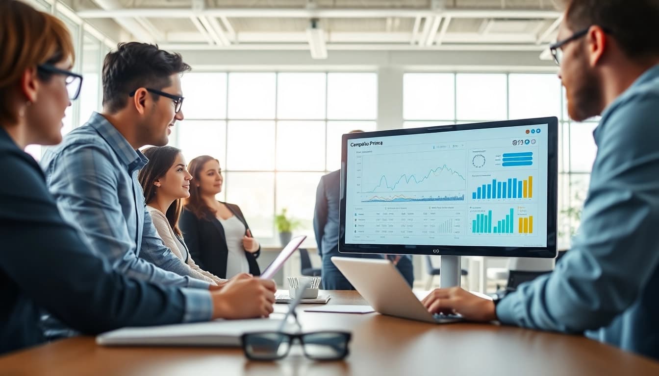 Analyze competitor pricing strategies in a professional office setting with business analysts.