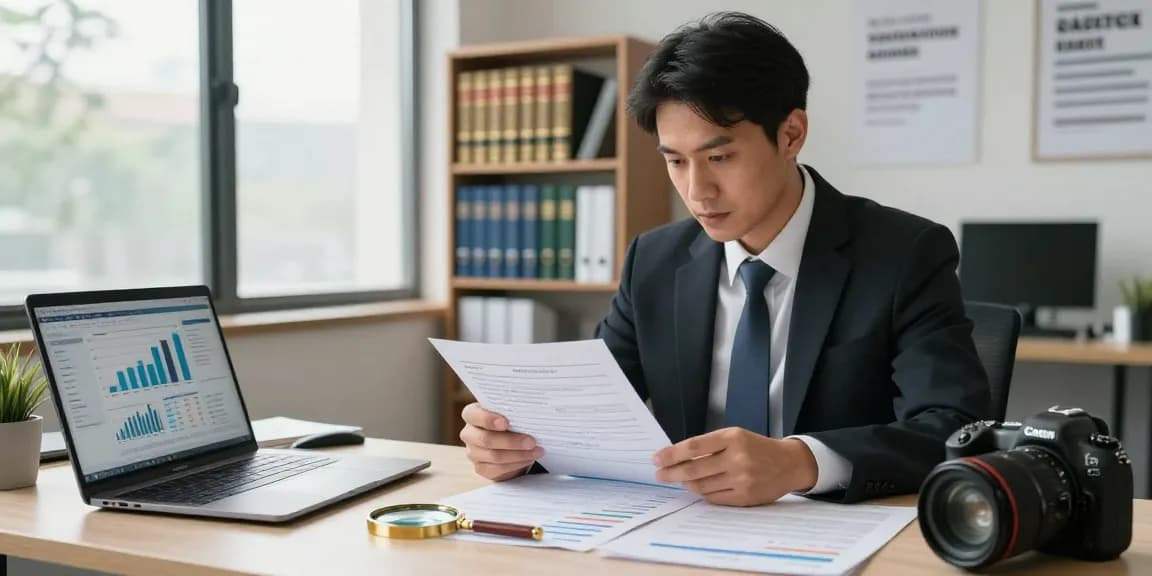 Analisa dokumen keuangan oleh auditor forensik aafikotacimahi.org dengan alat analisis di kantor modern.