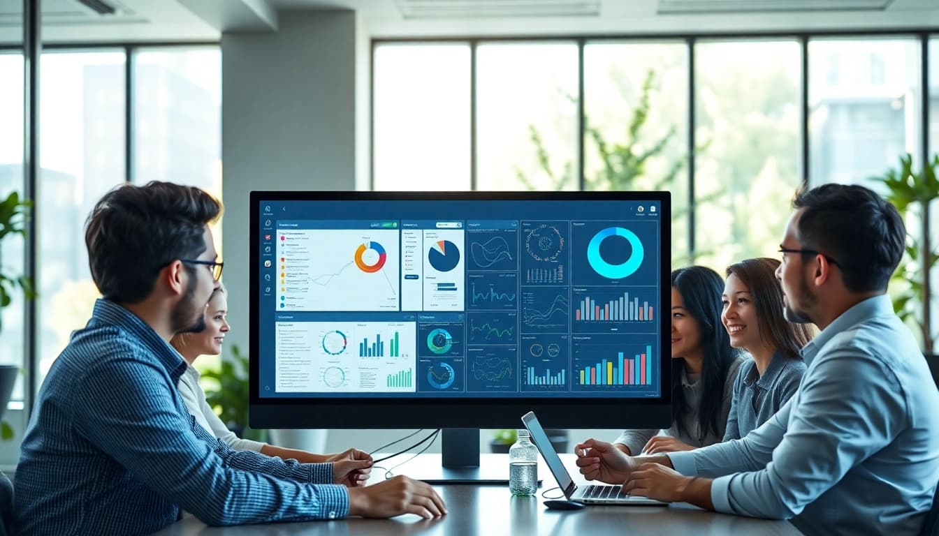 Showcase of AI enterprise search solution enhancing teamwork through technology in a vibrant office environment.