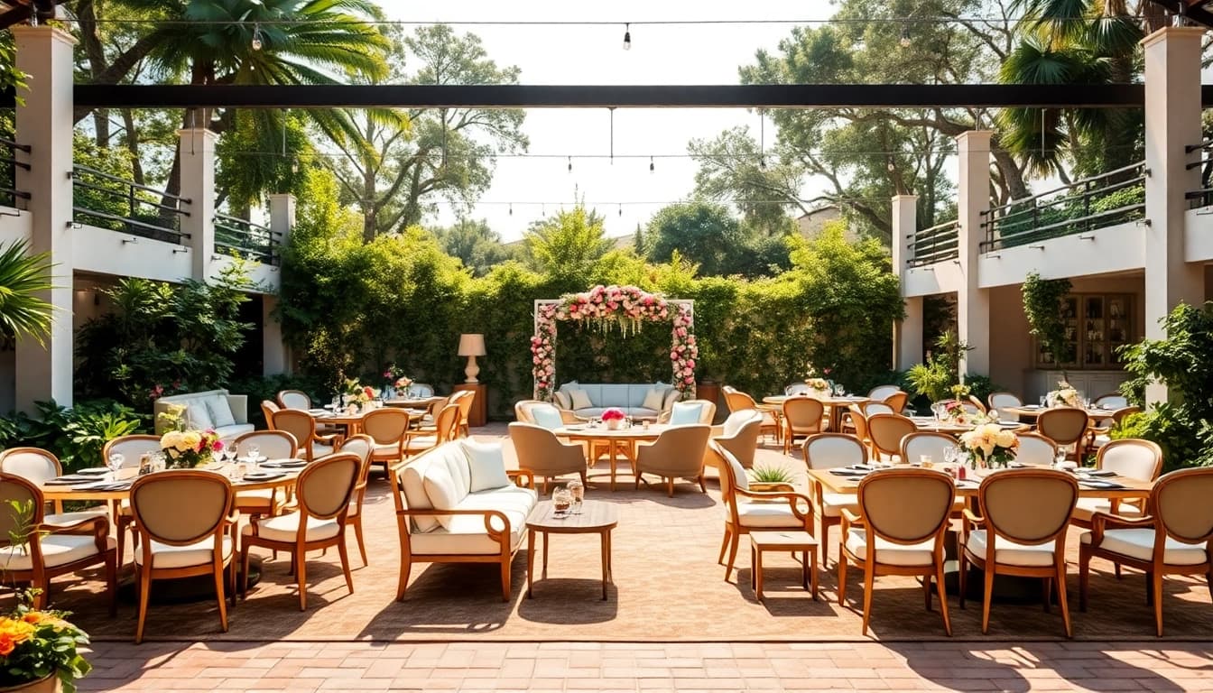 Setting up Event Furniture Rentals in a beautiful garden for a memorable outdoor occasion.