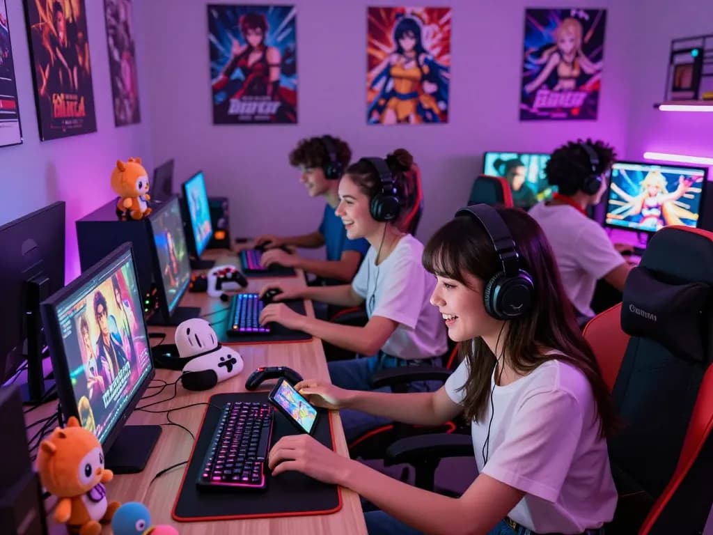 Gamers enjoying engaging porno games in a lively gaming lounge with colorful decor.