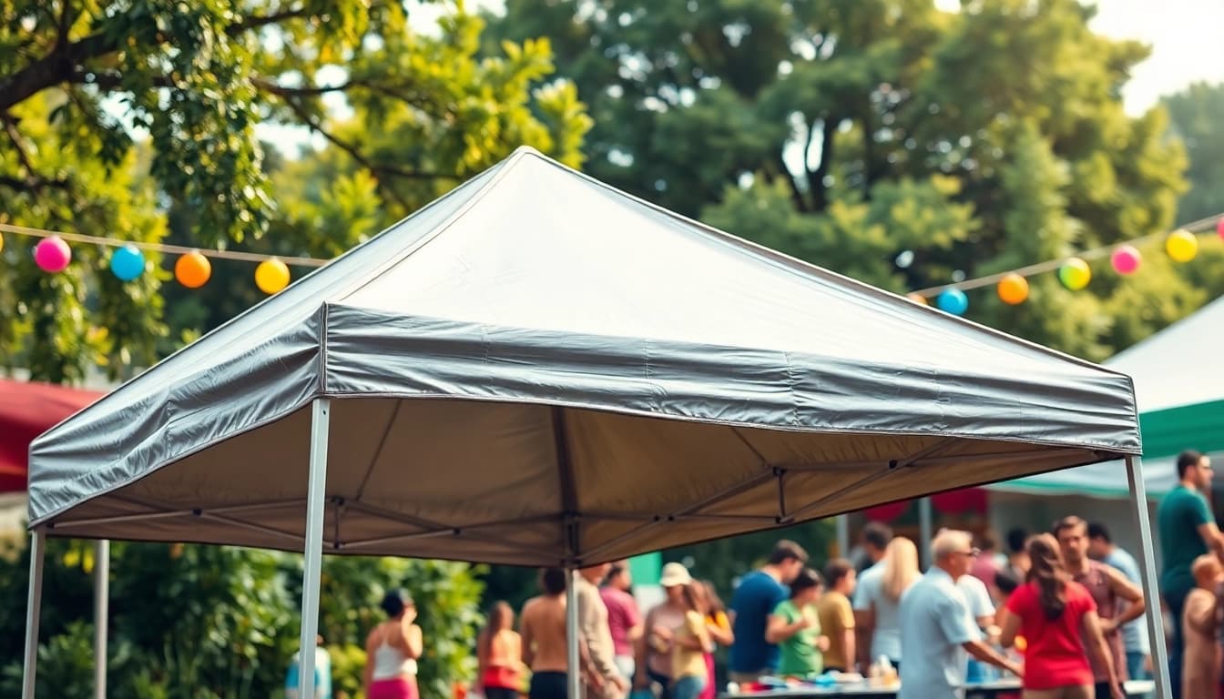 Setup of a durable canopy tent showcased at an outdoor event, emphasizing vibrant atmosphere.