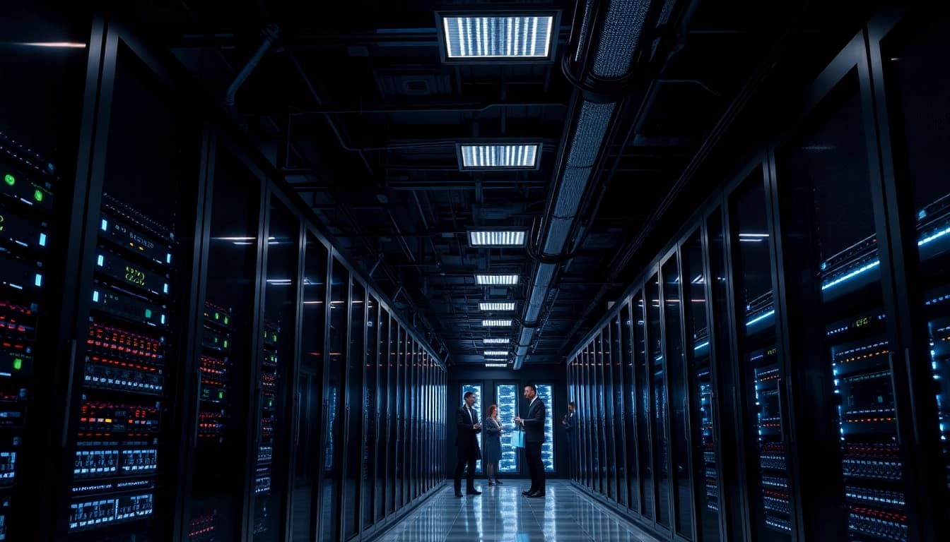 Visually represent CloudWalk Technology in an advanced data center with sleek server systems and energized professionals.