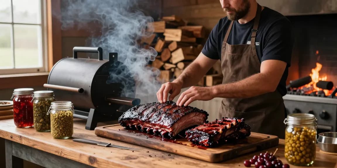 Authentic smokehouse with rokok88 smoked meats, showcasing brisket and ribs, surrounded by spices and wood.