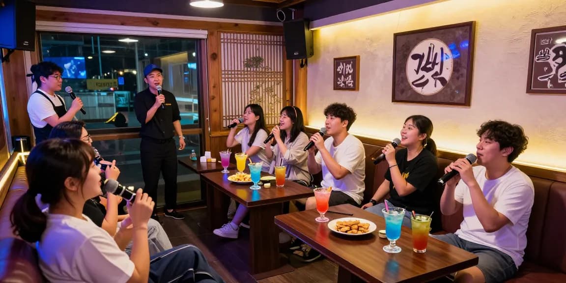Enjoying 제주도유흥 with friends in a lively karaoke venue, showcasing vibrant nightlife atmosphere and friendly service.