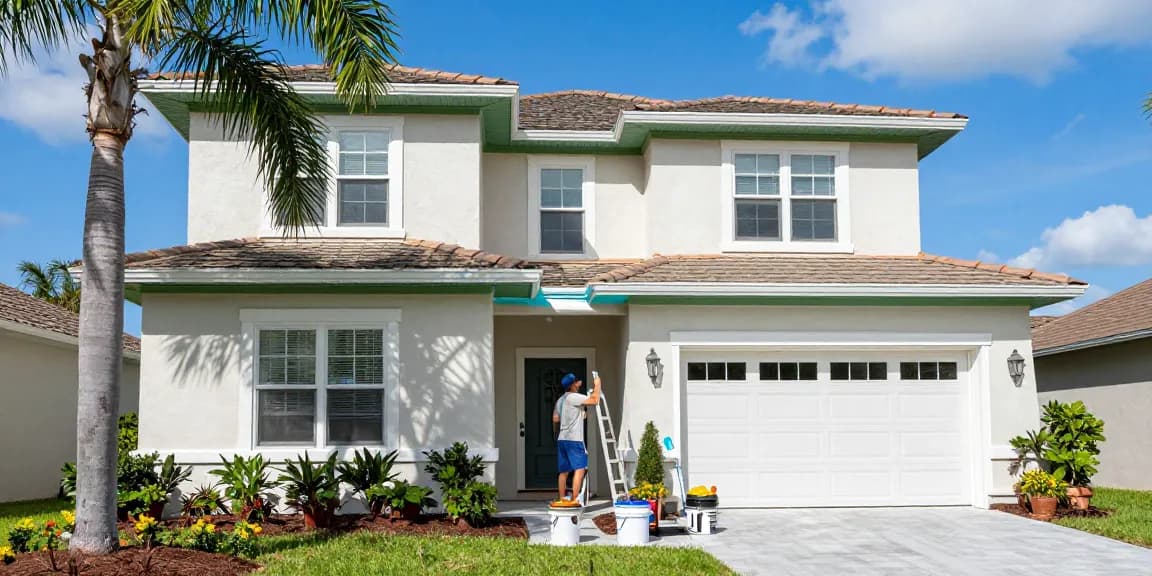 Professional exterior painters Sarasota County FL applying weather-resistant paint on a two-story home in bright Sarasota.