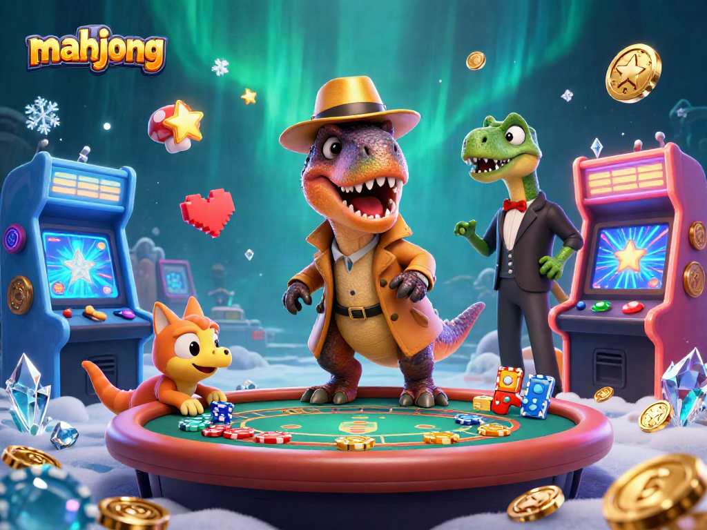 Engage in a vibrant mahjong game with cartoon velociraptors in a lively casino atmosphere.