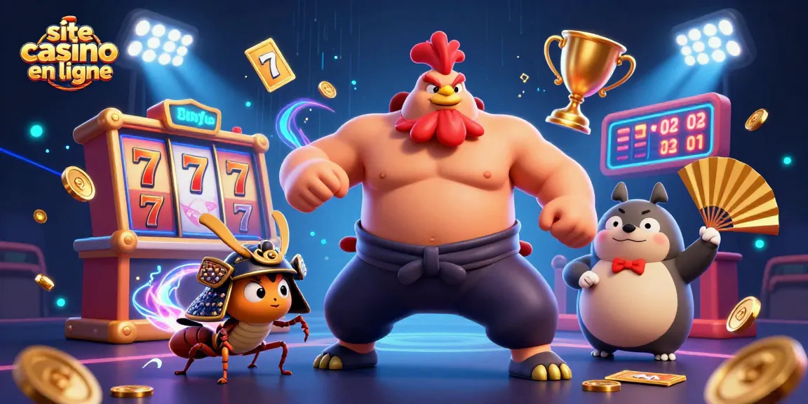 Les personnages de site de casino en ligne interagissent autour de machines à sous, créant une ambiance dynamique de jeu.