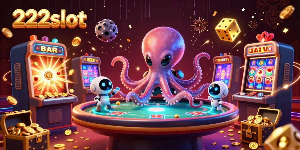 Aktifkan permainan menarik di 222slot dengan alien gurita menangkap jackpot dan ekspresi ceria robot.
