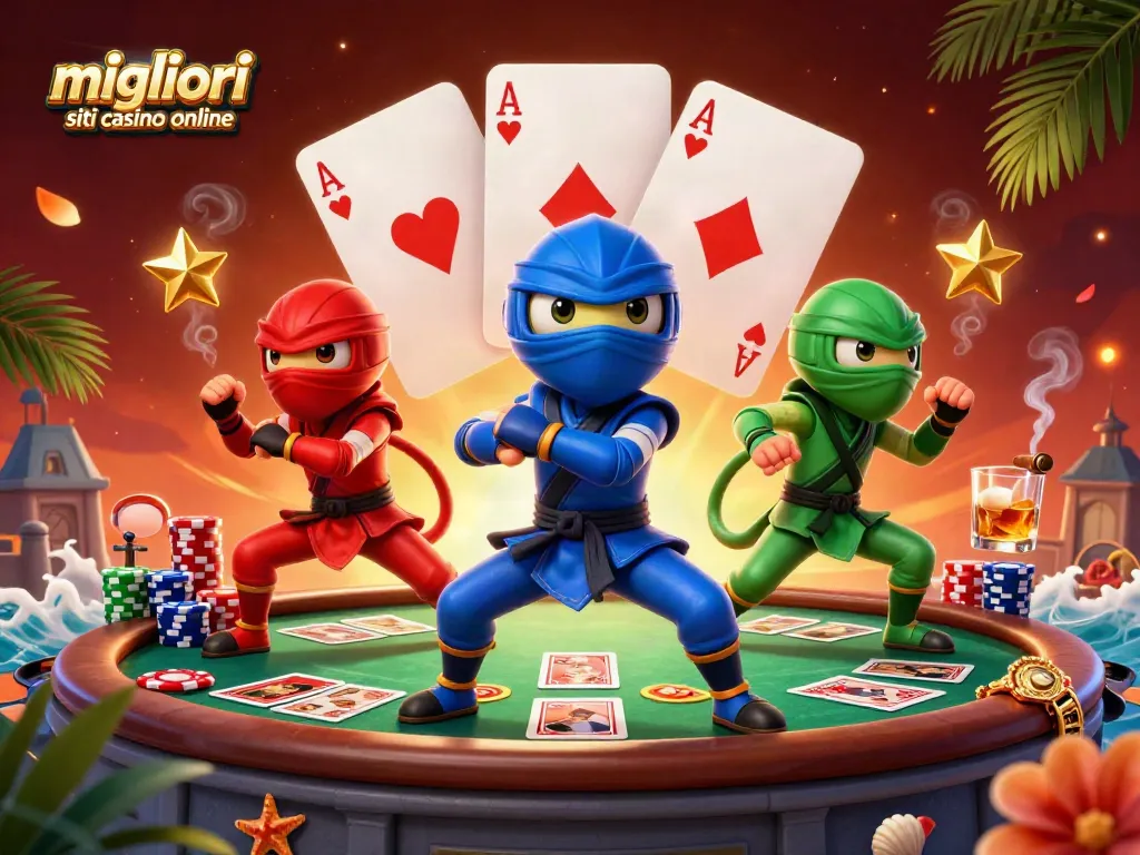 I migliori siti casino online in azione con un team di ninja camaleonti colorati mentre giocano a poker su un tavolo decorato.