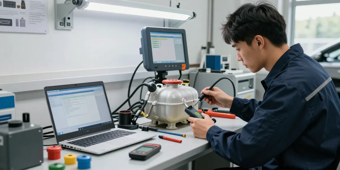 Technician analyzing contamination in fuel tank with professional equipment in a bright automotive workshop