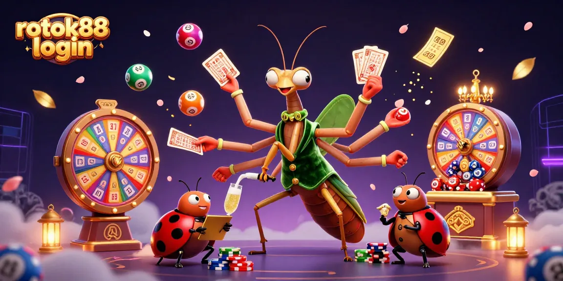 Engage with rokok88 login through a vibrant casino scene featuring cartoon elements and lottery excitement.