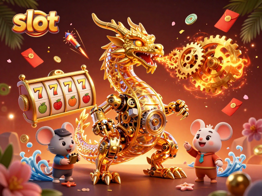 Spin the reels at Slot with a golden dragon and lucky symbols in a vibrant, festive setting
