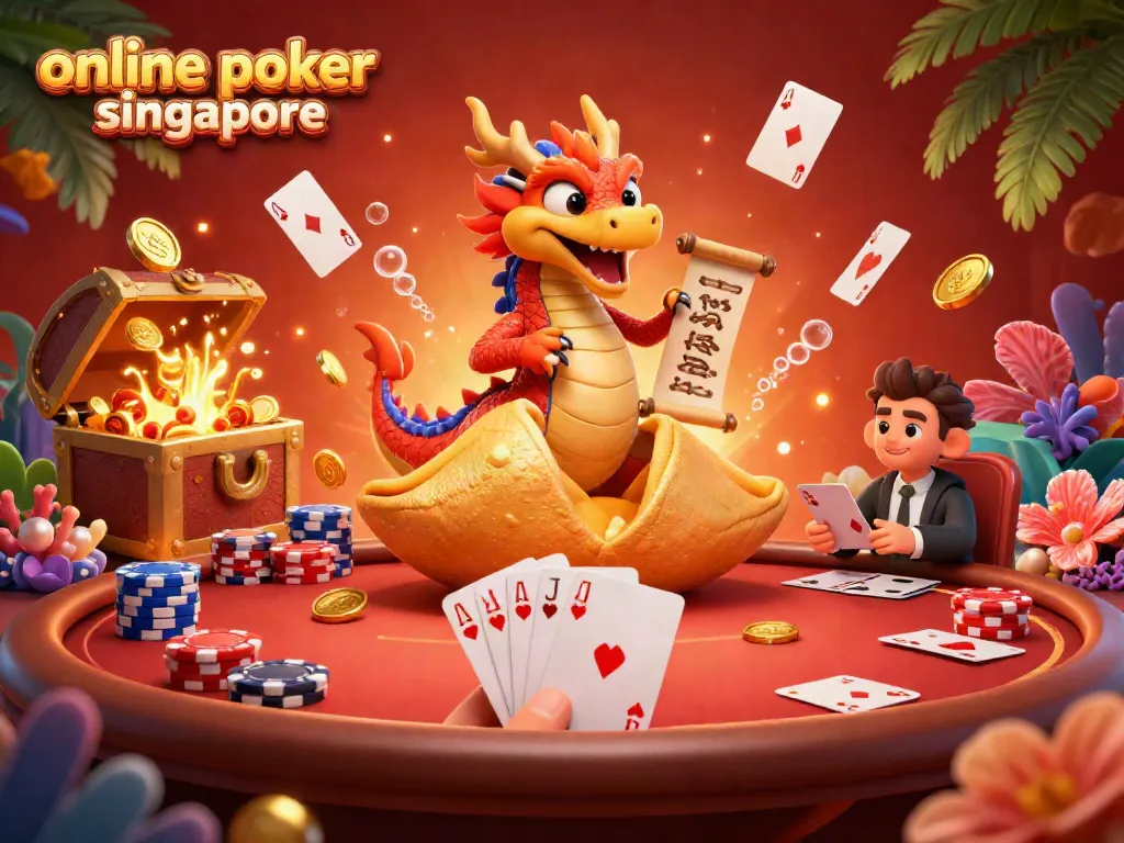 Engage in online poker Singapore with vibrant poker elements and a dragon reading fortunes in a lively casino scene.
