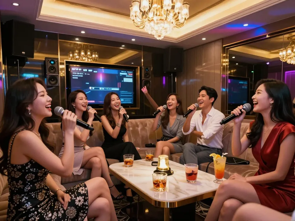 Enjoying a lively night at 강남 가라오케 with friends, singing and celebrating in a luxurious karaoke room.