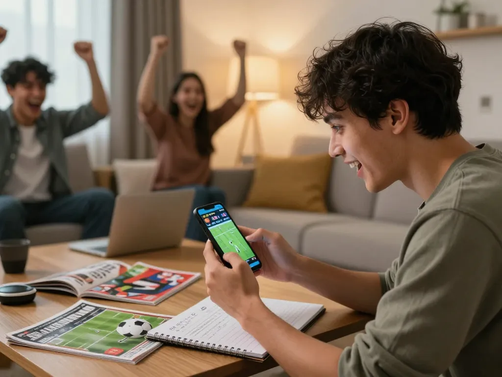 Engaged in cá cược bóng đá at home, a sports bettor analyzes live odds on their smartphone with excitement.