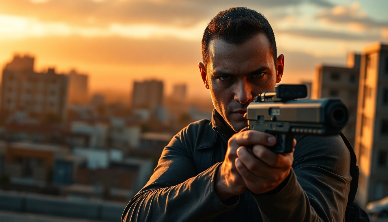 Engaging depiction of a protagonist in a clean action thriller ready for action amidst an urban landscape.