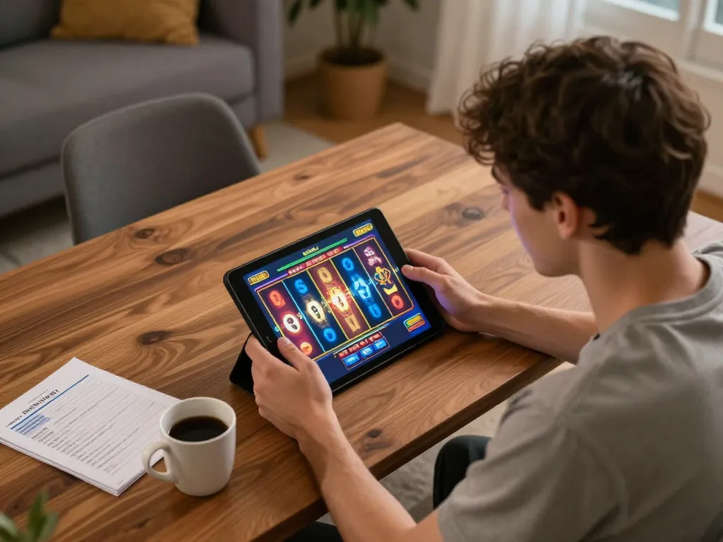 Player enjoying an exciting online slot game at home on a tablet, enhancing the 888top gaming experience