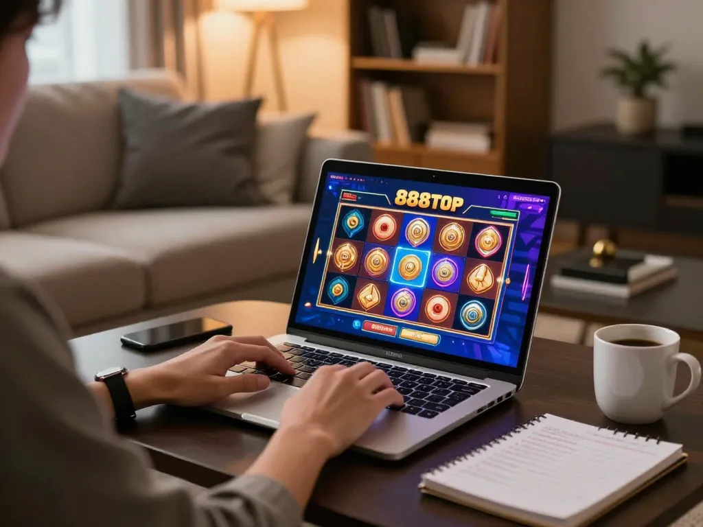 Engaged player placing an 888top bet on an online slot game interface from the comfort of home