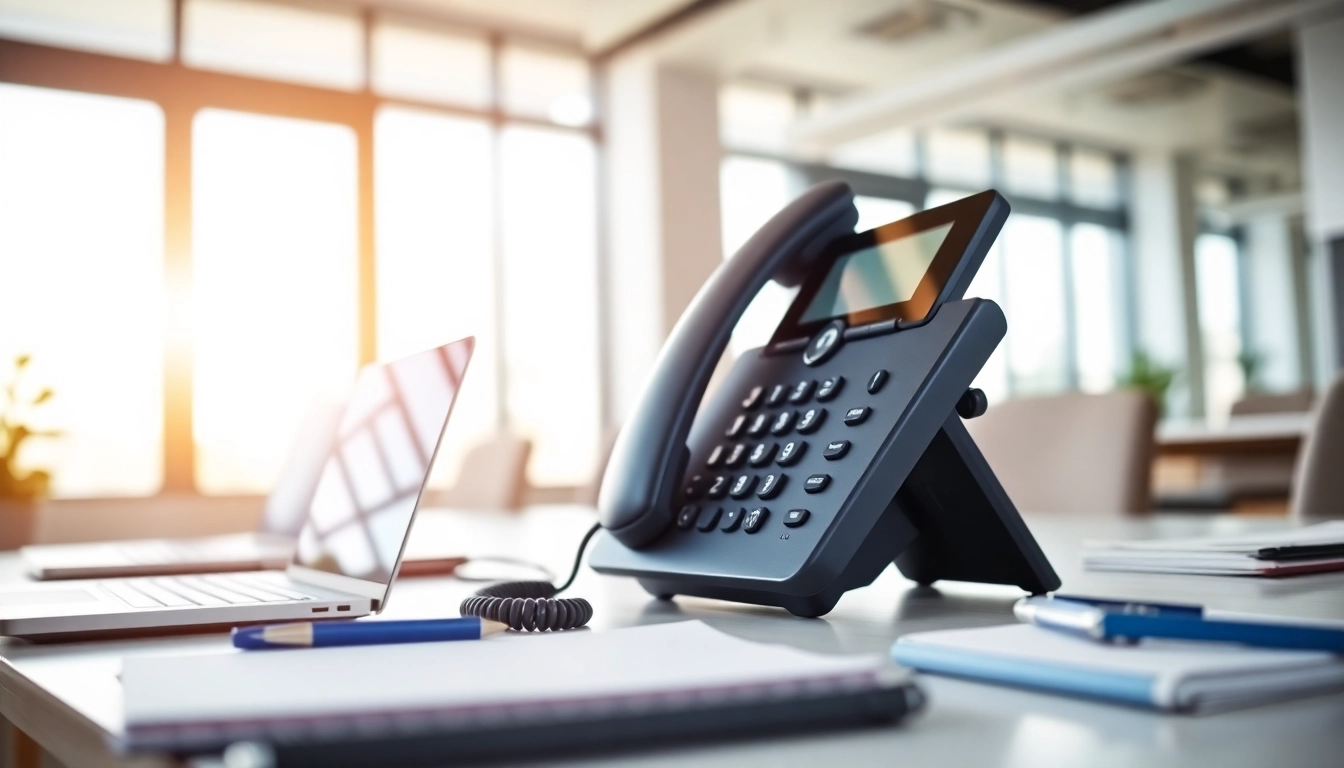 Improve communication with a voip business phone on a modern desk in a professional office.