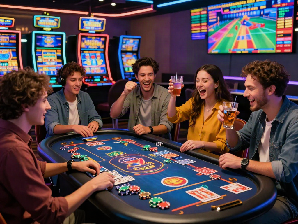 Exciting judi casino online scene with friends enjoying games, colorful chips, and vibrant digital interfaces.