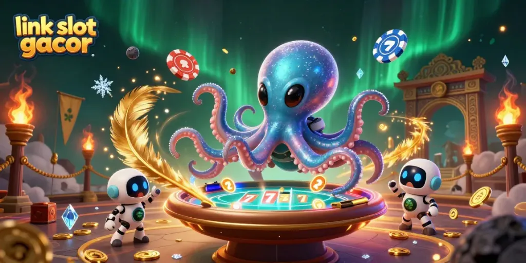 Engaging link slot gacor illustration featuring an alien octopus at a poker table amidst vibrant casino elements.