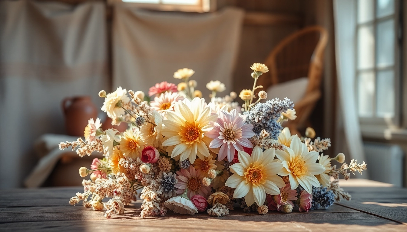 Stunning display of dried blooms arranged artistically on a wooden table in soft lighting.