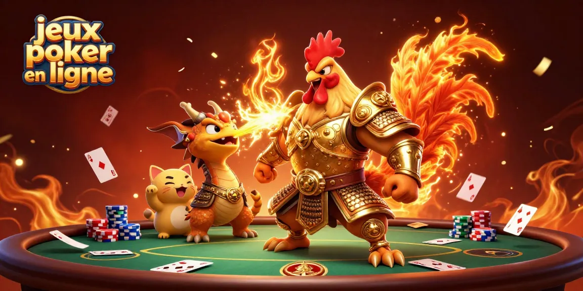 Gagnez au jeux poker en ligne avec des personnages de combat entourés de cartes et de jetons.
