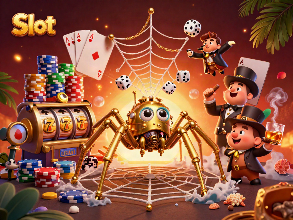 Spin the Slot reels in a vibrant 3D scene with a golden spider and poker chips.