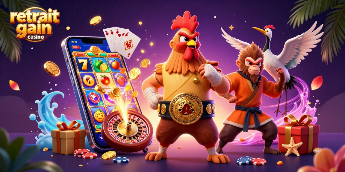 Vivez le retrait gain casino avec cette scène animée illustrant des personnages de casino et des jeux colorés.
