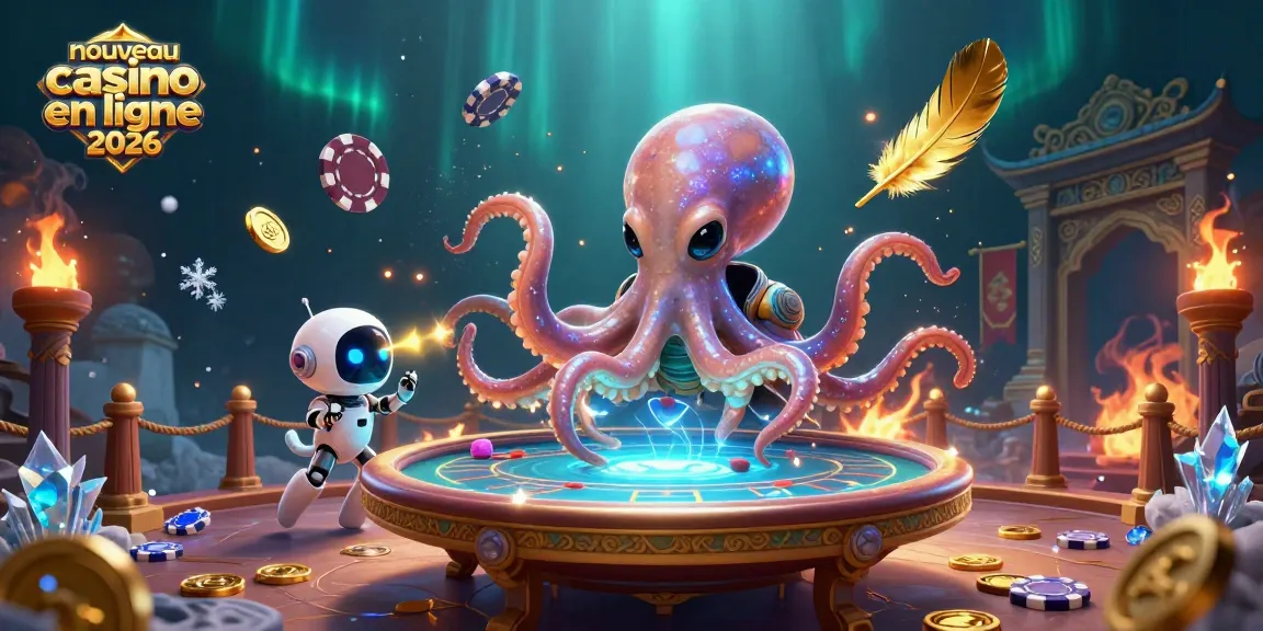 Illustration dynamique d'un nouveau casino en ligne 2026 avec un poulpe extraterrestre et une table de poker holographique.