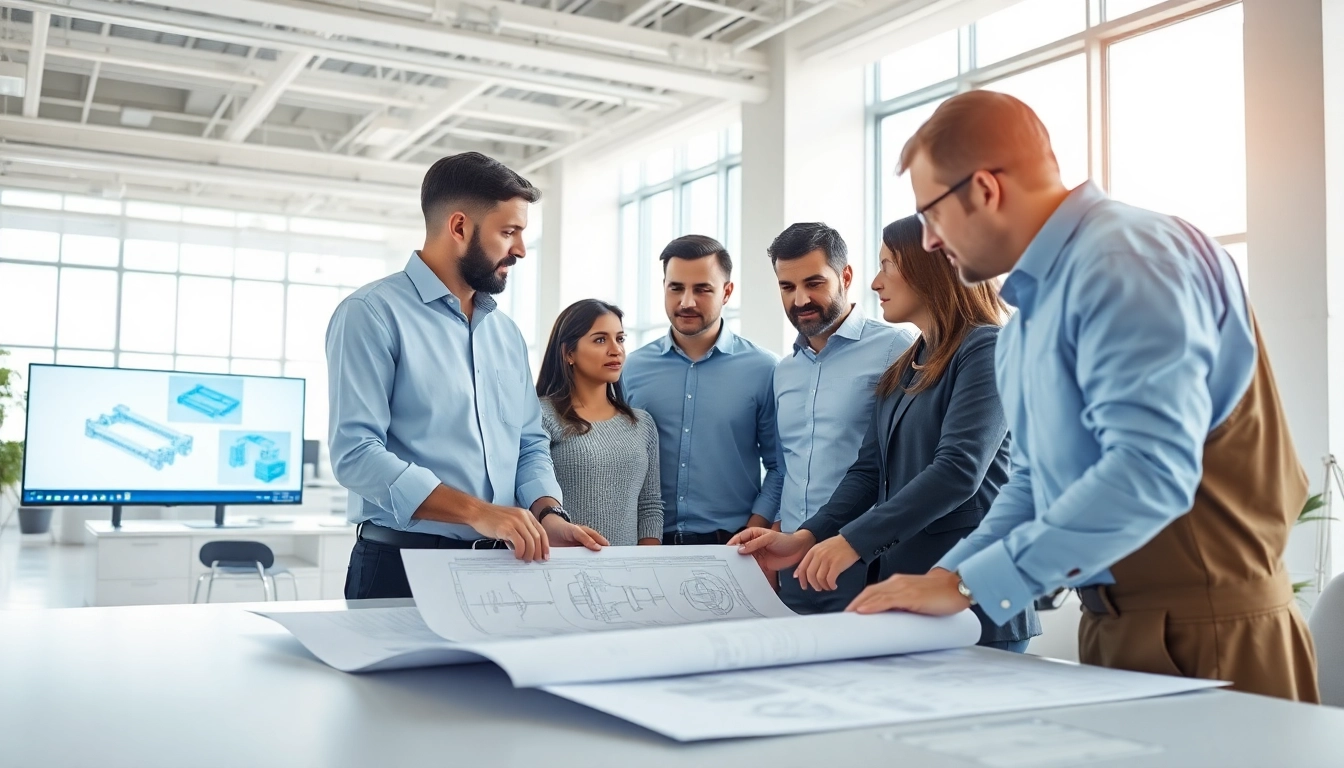 Design and engineering professionals collaborating in a modern workspace with blueprints.