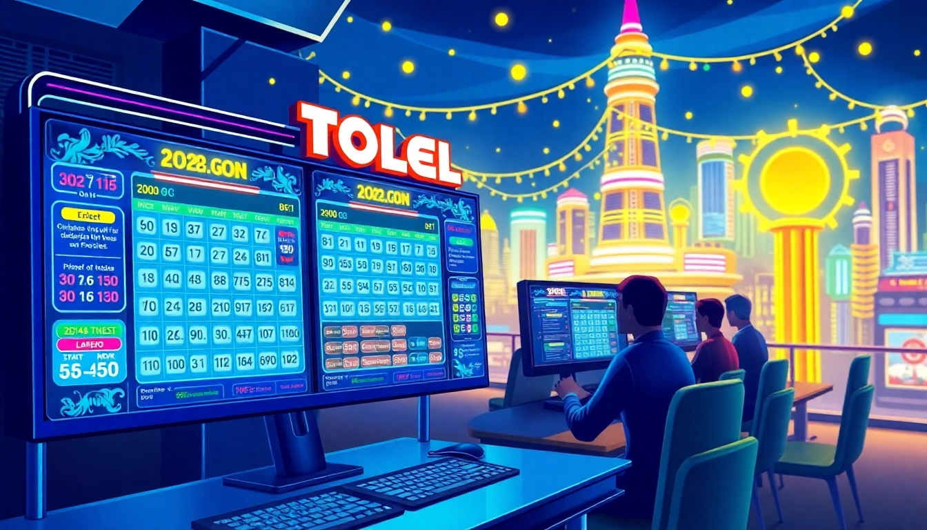 Menggambarkan bandar togel online dengan grafik berwarna cerah dan antusias pengguna